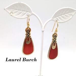 Vintage Laurel Burch Love Knot Earrings, Red Enamel, Gold Plated